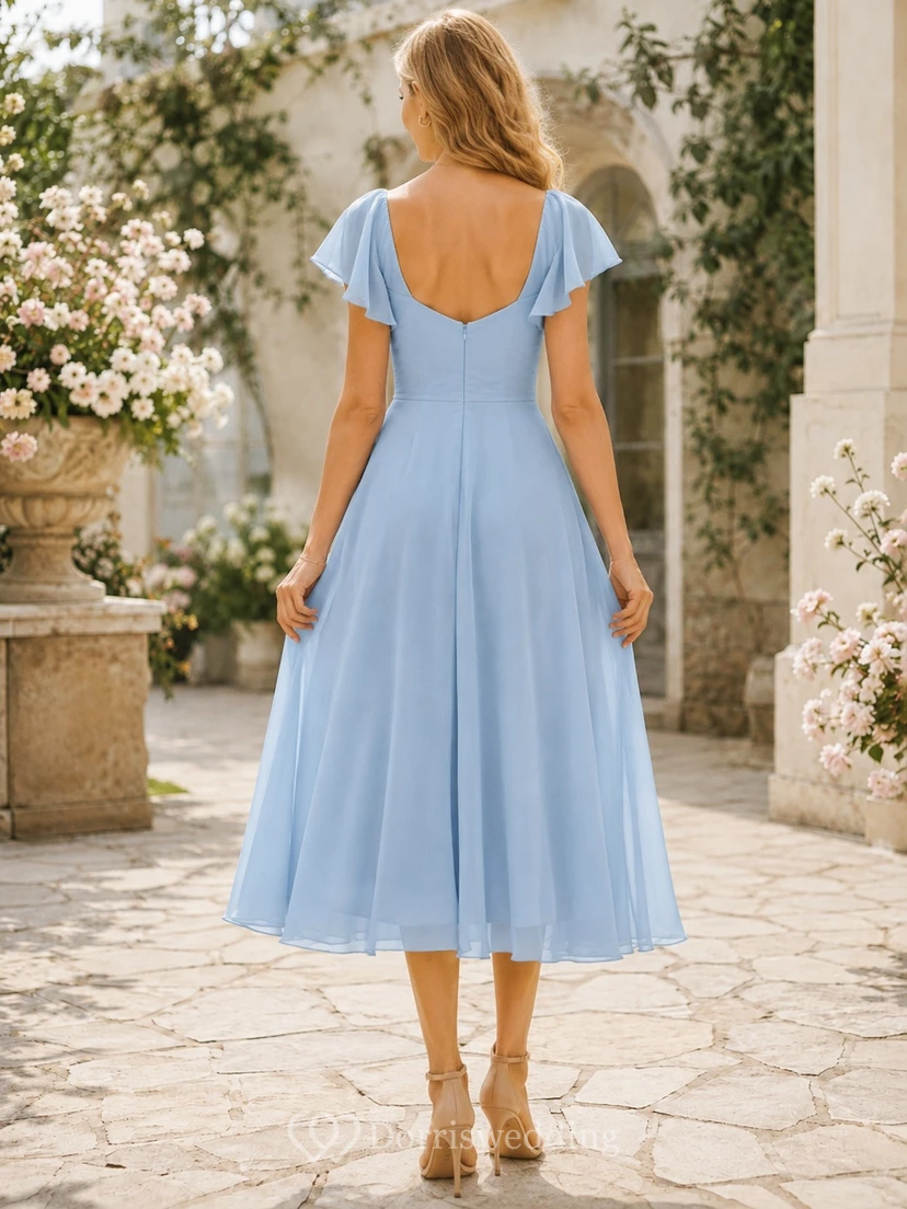 Teelanges, hellblaues Chiffon-Gartenkleid mit herzförmigem Volantärmeln und A-Linien-Schnitt view 2