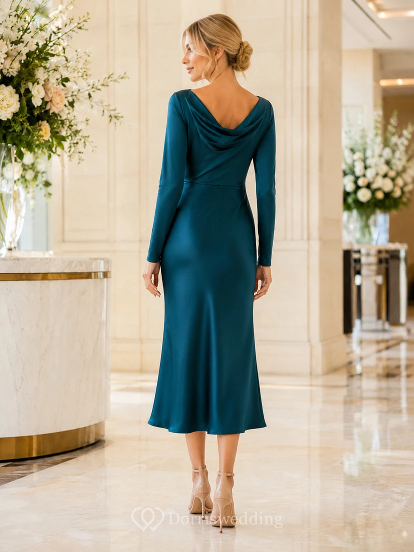 Peacock Cowl Neck Long Sleeve Satin Sheath Midi Wedding Guest Dress view 2