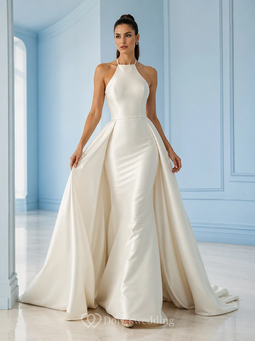 Robe de mariée moderne en satin dos nu avec jupon amovible et traîne chapelle, ornée d'un col halter et d'une surjupe convertible en satin.