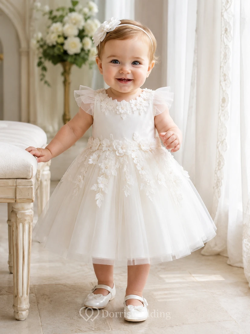Taufkleid für Babys, A-Linie, Teelänge, Rundhalsausschnitt, kurze Ärmel, Tüllspitze, 3D-Blumenapplikationen, Knopfleiste am Rücken