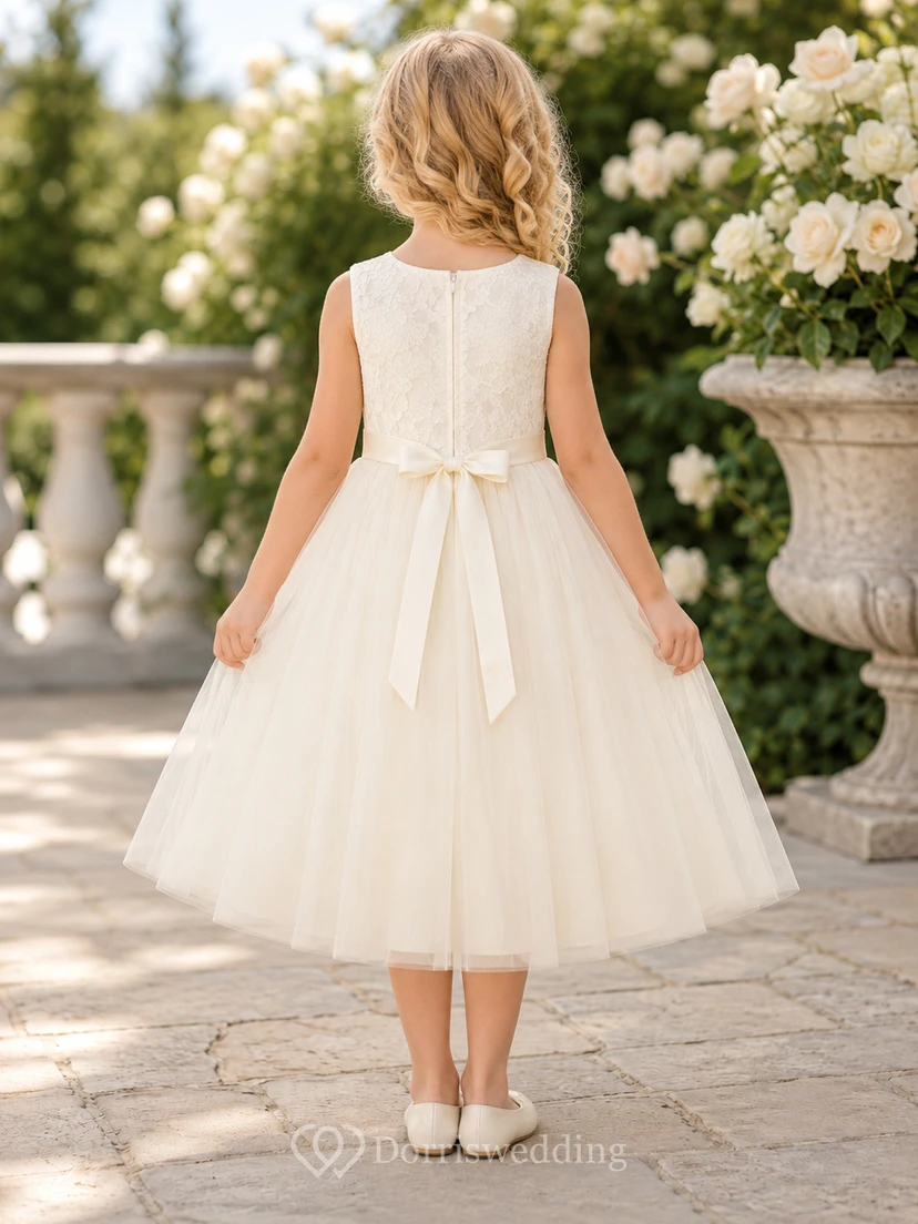 Lace Sleeveless Tulle Tea-Length A-Line Bow Garden Flower Girl Dress view 2