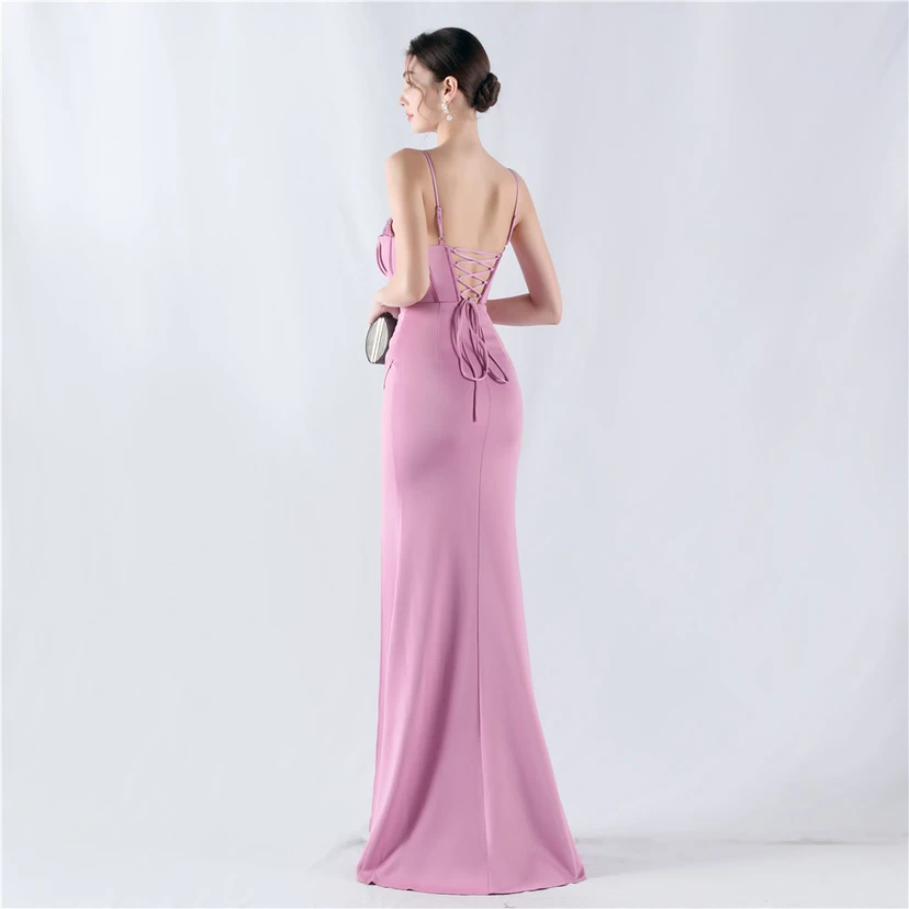 Fishbone Waist Set Crystal Diamond Satin Host Evening Dress view 6