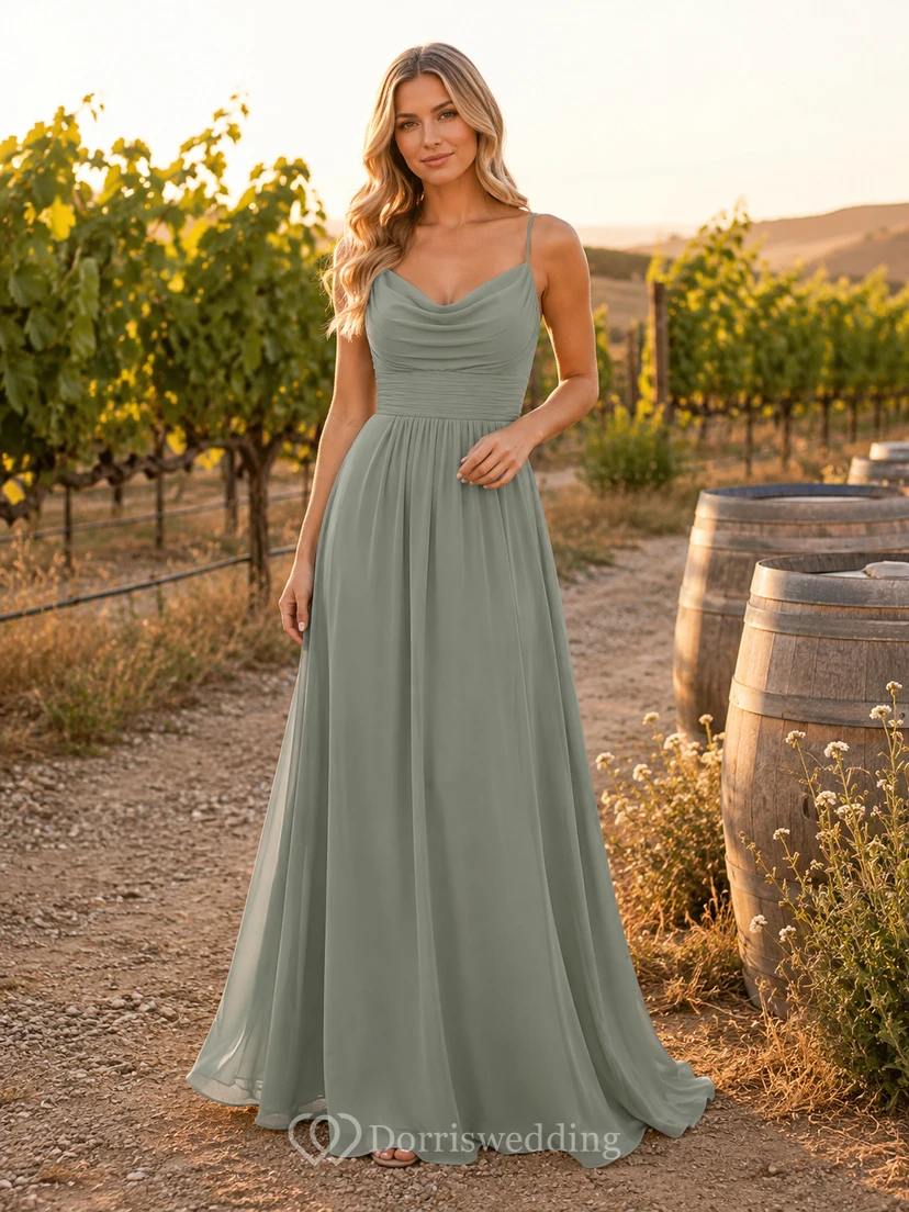 Sage Chiffon A-Line Cowl Neck Spaghetti Strap Draped Low Back Floor-Length Bridesmaid Dress