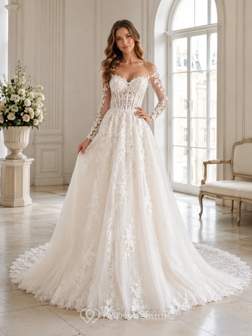 Robe de mariée champêtre en dentelle fine et tulle illusion, col montant, manches longues, coupe trapèze, traîne chapelle, ornée d'appliques.