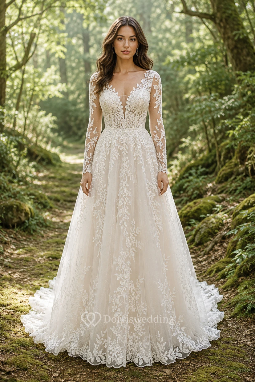 Langärmeliges A-Linien-Hochzeitskleid aus Spitze im Waldstil