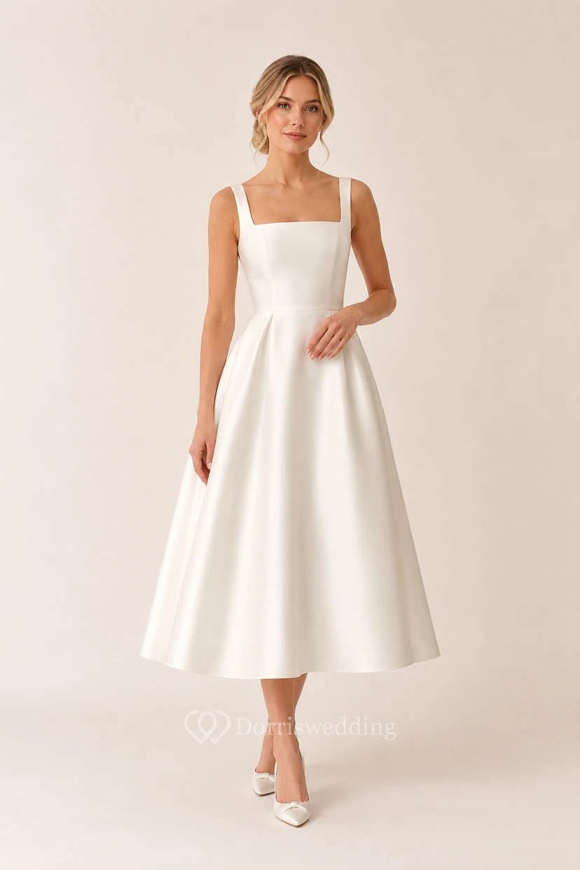 Satin-Brautkleid mit eckigem Ausschnitt und Teelänge sowie A-Linien-Rock