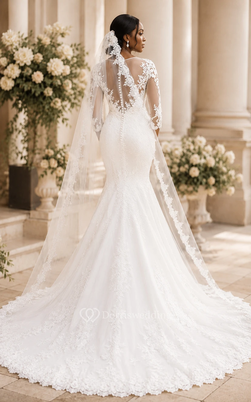 White Plus Size Long Sleeve Lace Mermaid Wedding Dress view 2