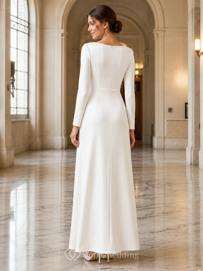 Modest Bateau Neck Satin Wedding Sheath Long Sleeve Floor Length Courthouse view 2