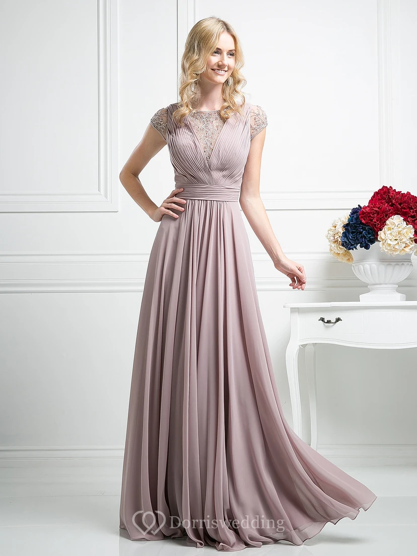 A-Line Scoop-Neck Short Sleeve Chiffon Illusion Dress With Beading And Pleats