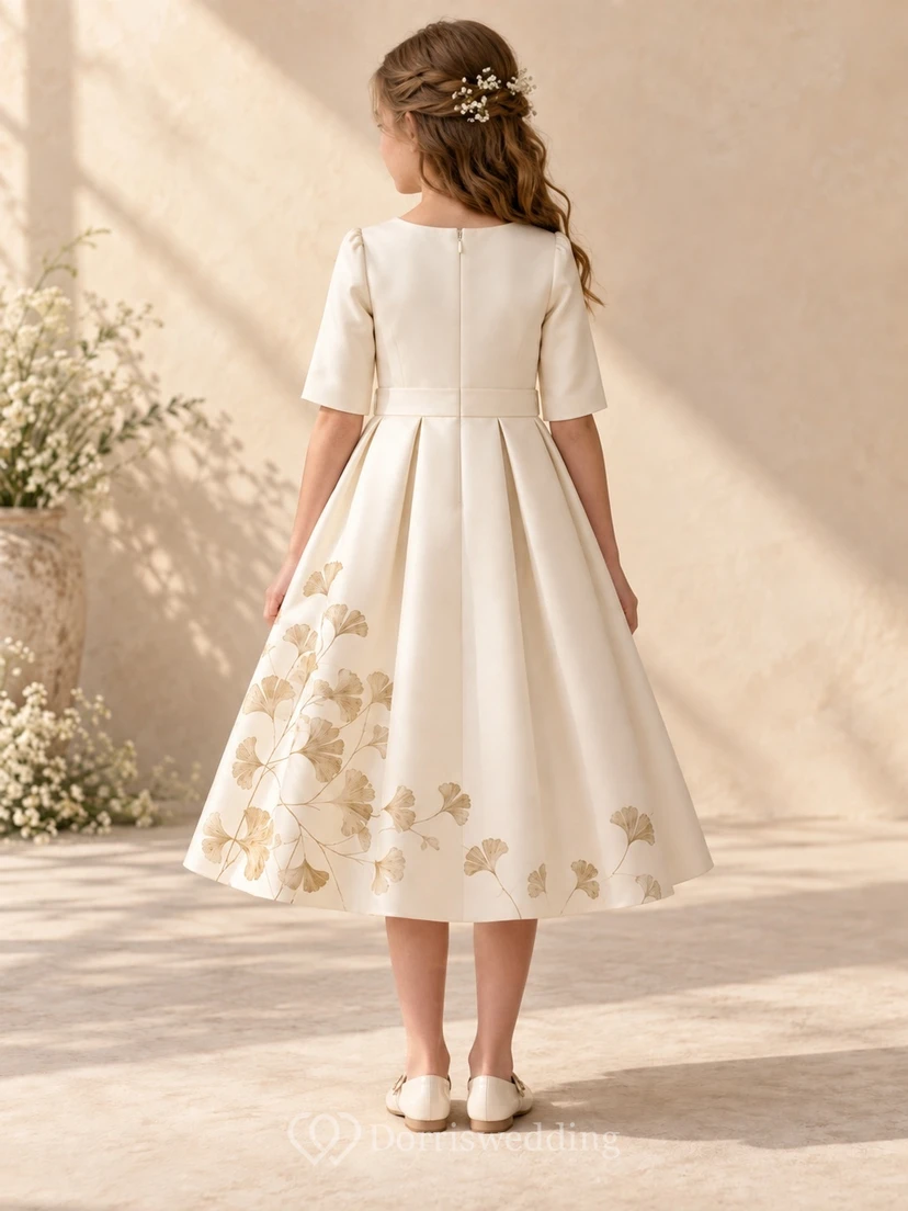 Schlichtes, dezentes cremefarbenes Teelängenkleid mit Schmucksteinen, Ellbogenärmeln, Ginkgozweig-Verzierung, plissiertem Bund und A-Linien-Schnitt für Blumenmädchen view 2