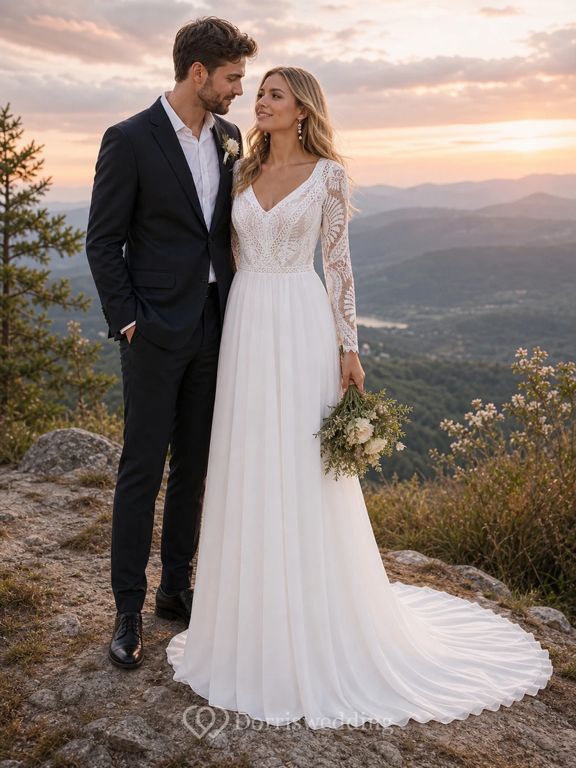Courtry V-neck Long Sleeve Chiffon Simple Boho Wedding Dress with Lace Top view 3