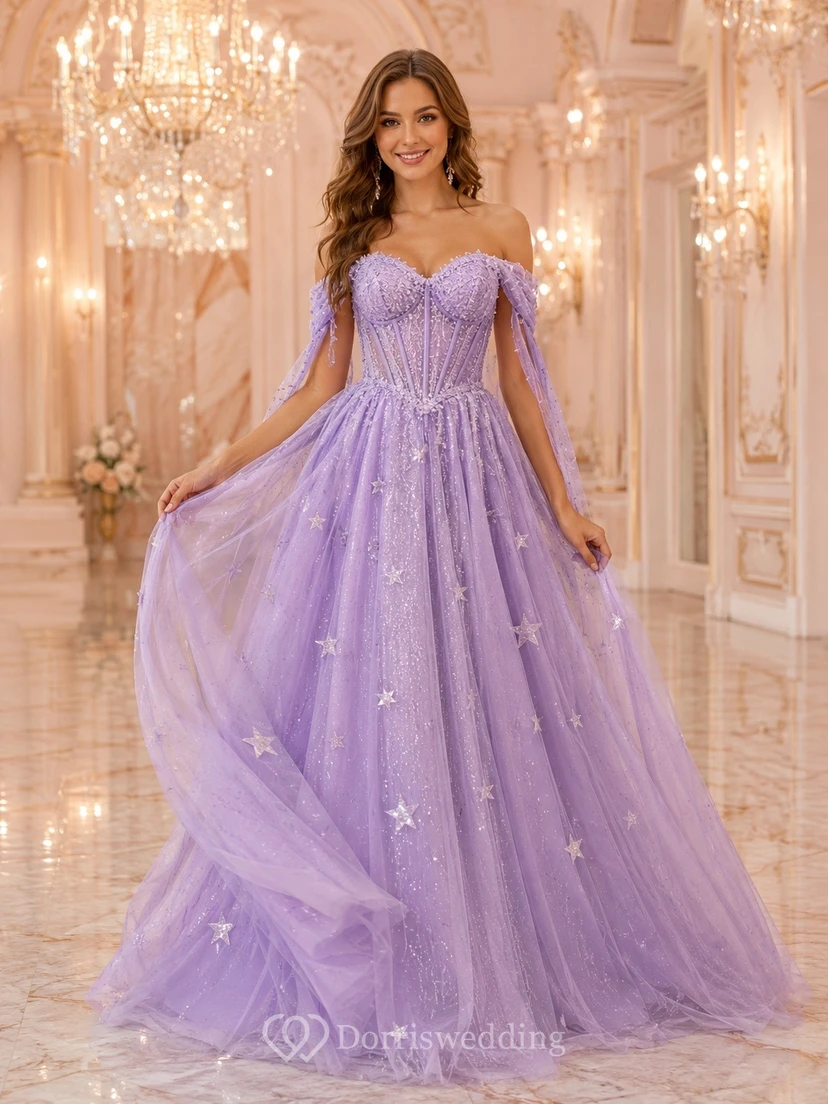 Himmlisches Lavendel-Ballkleid aus schulterfreiem Pailletten-Tüll mit Sternenmuster