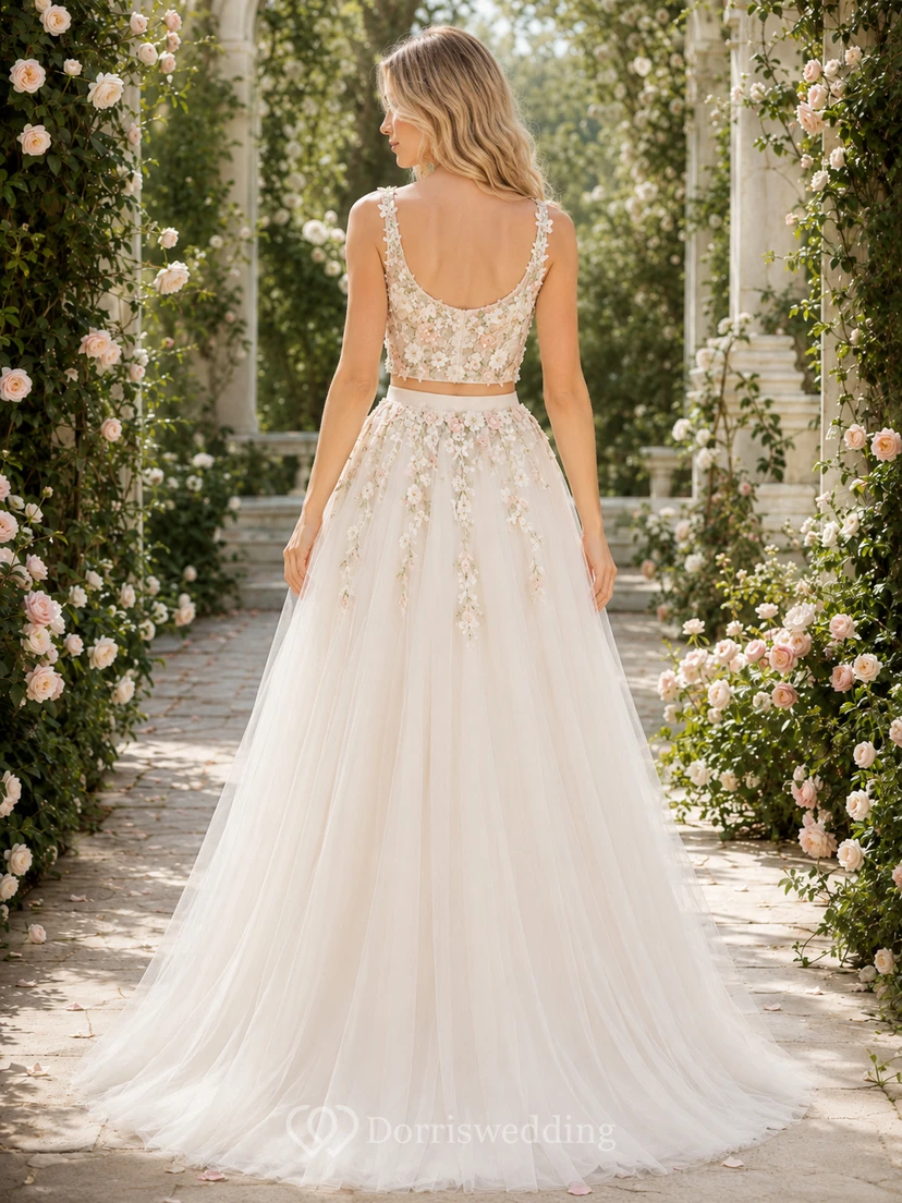 Floral Embroidered Crop Bodice Layered Tulle Garden Bridal Set view 2