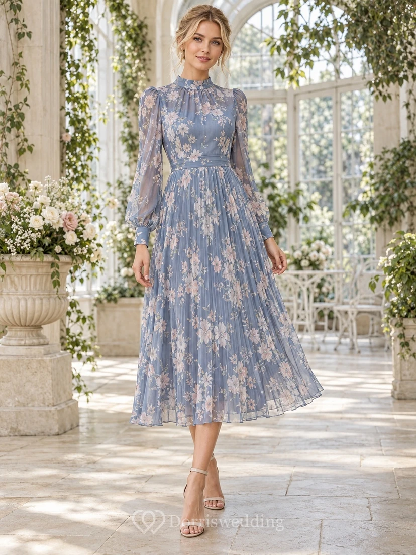 Vestido de invitada de corte A con estampado floral azul pizarra, cuello alto y mangas largas con efecto ilusión.