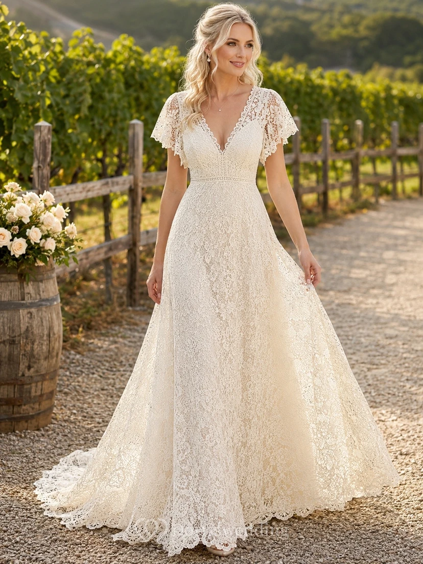 Festliches Brautkleid mit langen Ärmeln, A-Linie, Bolero aus Spitze und Schleppe
