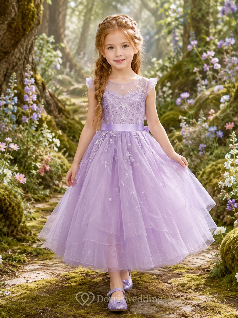 Lavender Bohemian A-Line Tulle Flower Girl Dress Sleeveless Scoop Neck Tea-Length Garden Bow