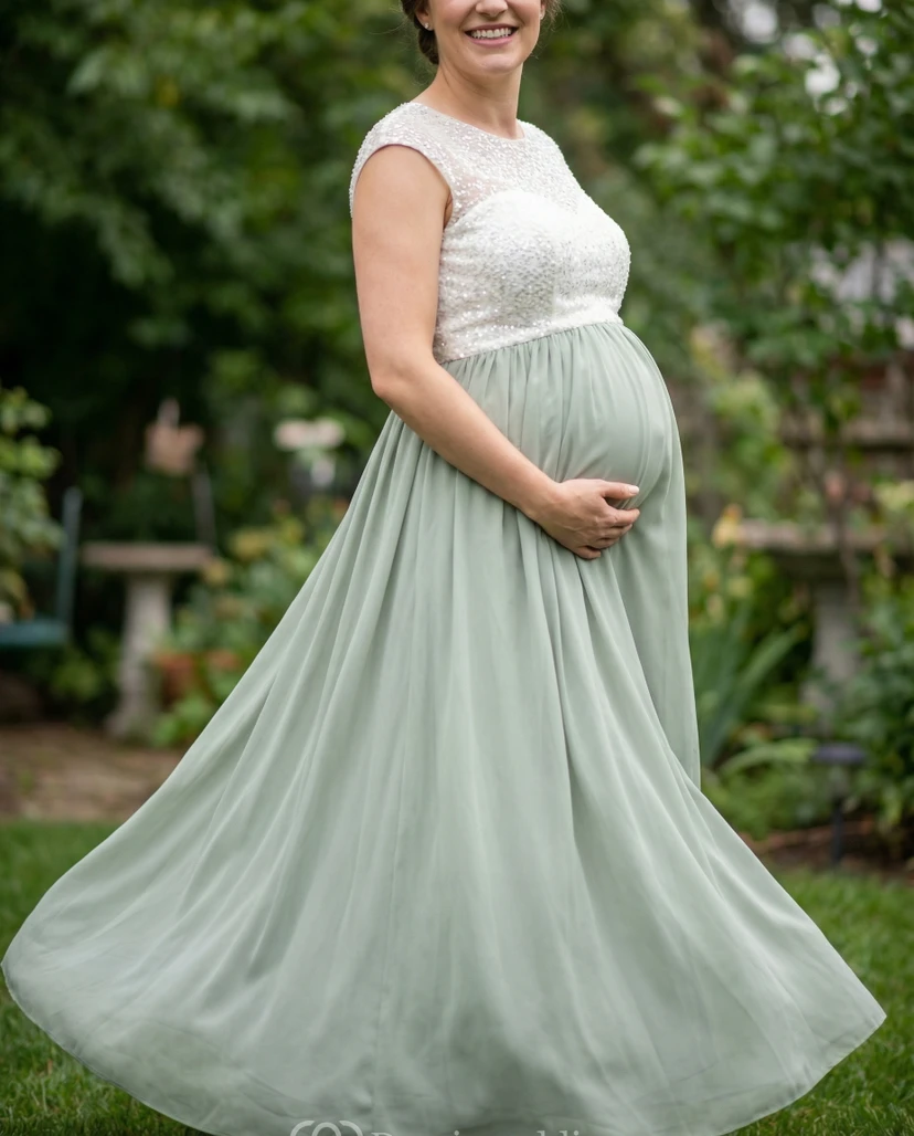 Maternity Bridesmaid Dress with White Lace Bodice, Cap Sleeves & Chiffon A-Line Skirt view 3