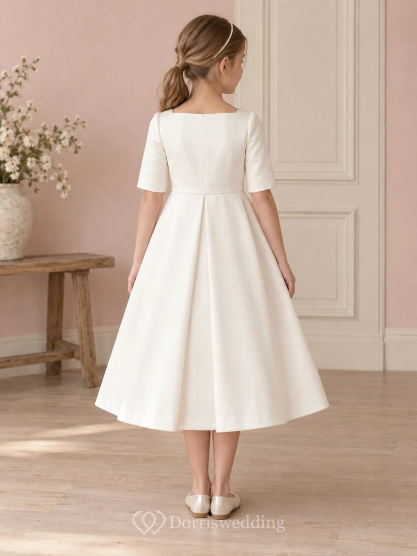 Modest Simple Square Neck Ivory Tea-length Elbow Sleeve Deep Flat Pleat Flower Girl Dress