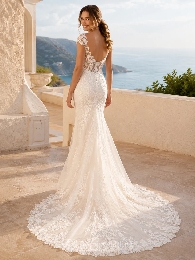 Vestido de novia de encaje con cintura corta y estampado floral estilo sirena. view 2