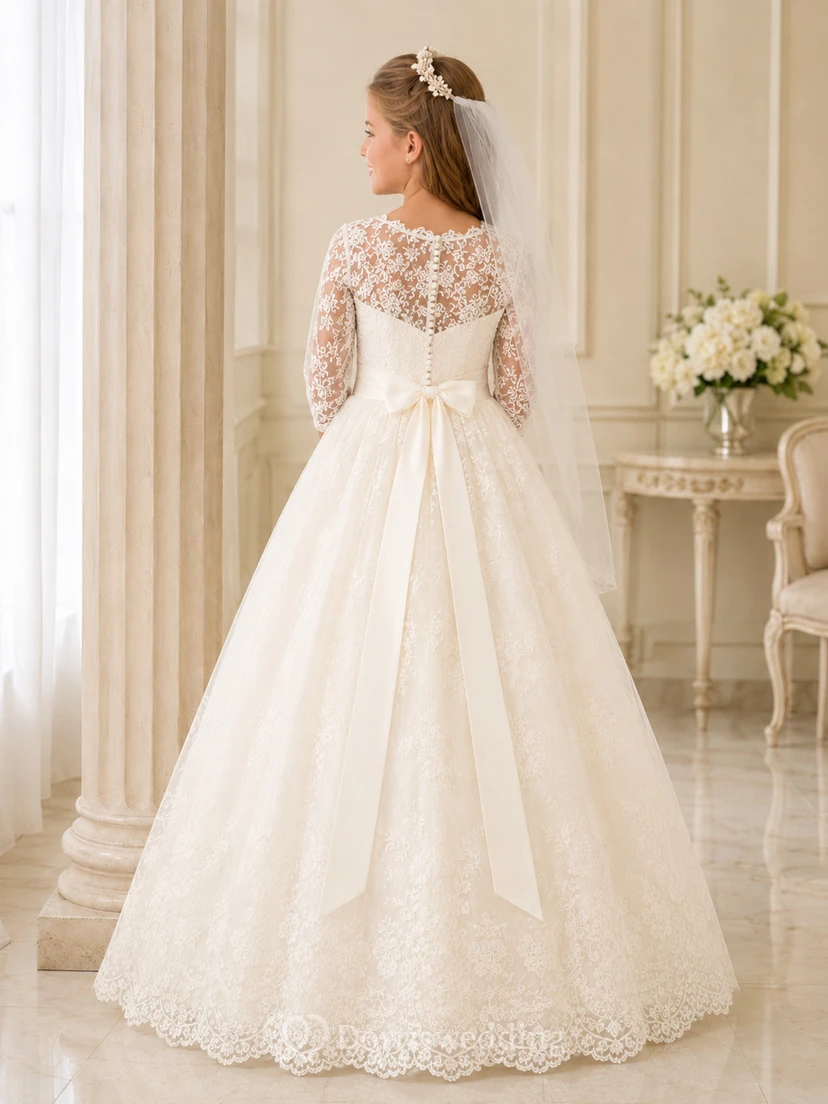 Vestido de Primera Comunión de lujo con cuello alto y mangas tres cuartos de encaje view 2