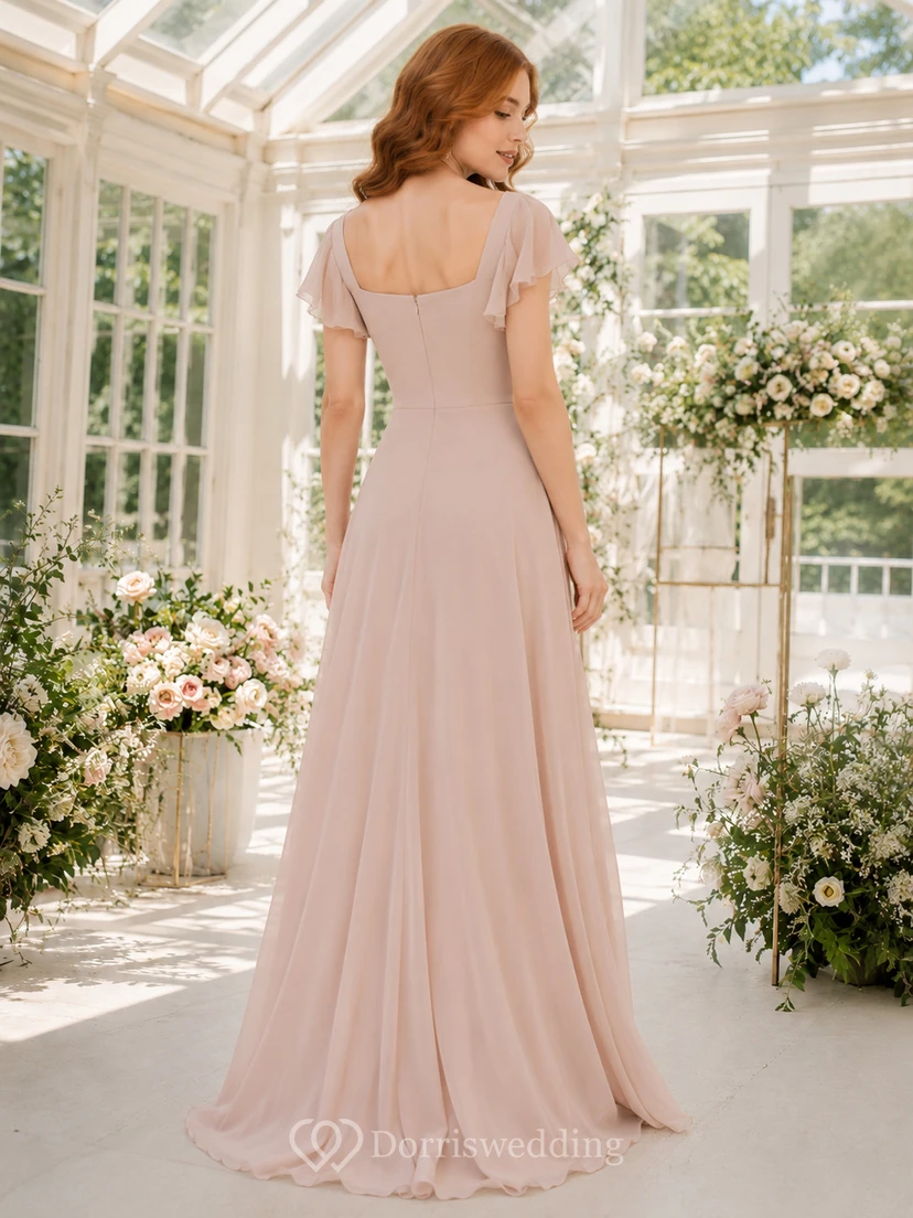 Blush square neck flutter sleeve chiffon A-line gown view 2