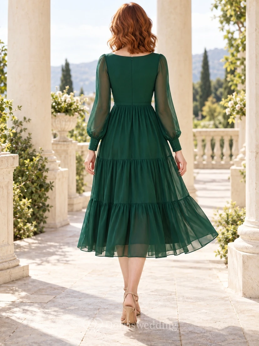 Schlichtes, teelanges, langärmeliges, grünes Chiffon-Kleid mit Stufenrock und Rundhalsausschnitt für den Abschlussball view 2