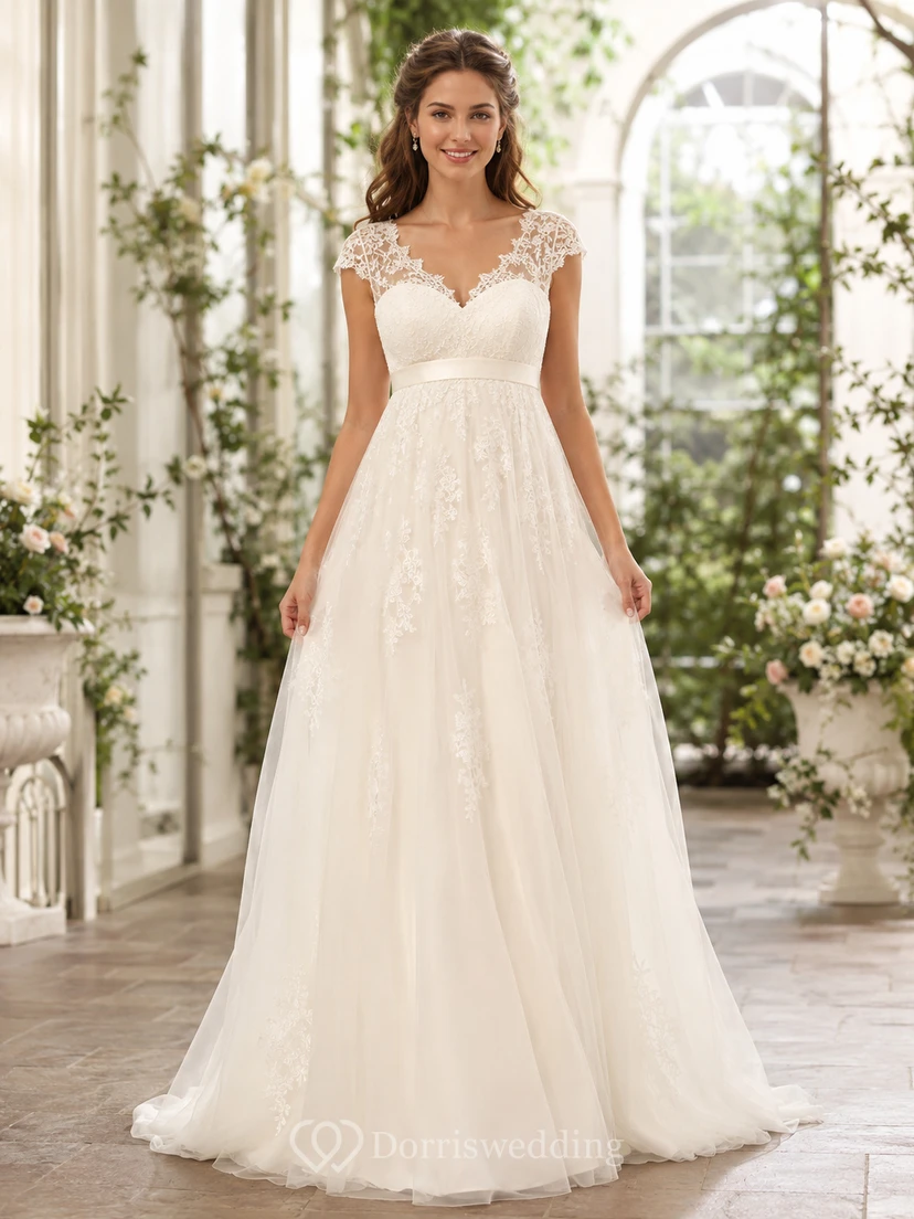 Romantic Scoop Neck Lace Wedding A Line Empire Cap Sleeve Sweep Train