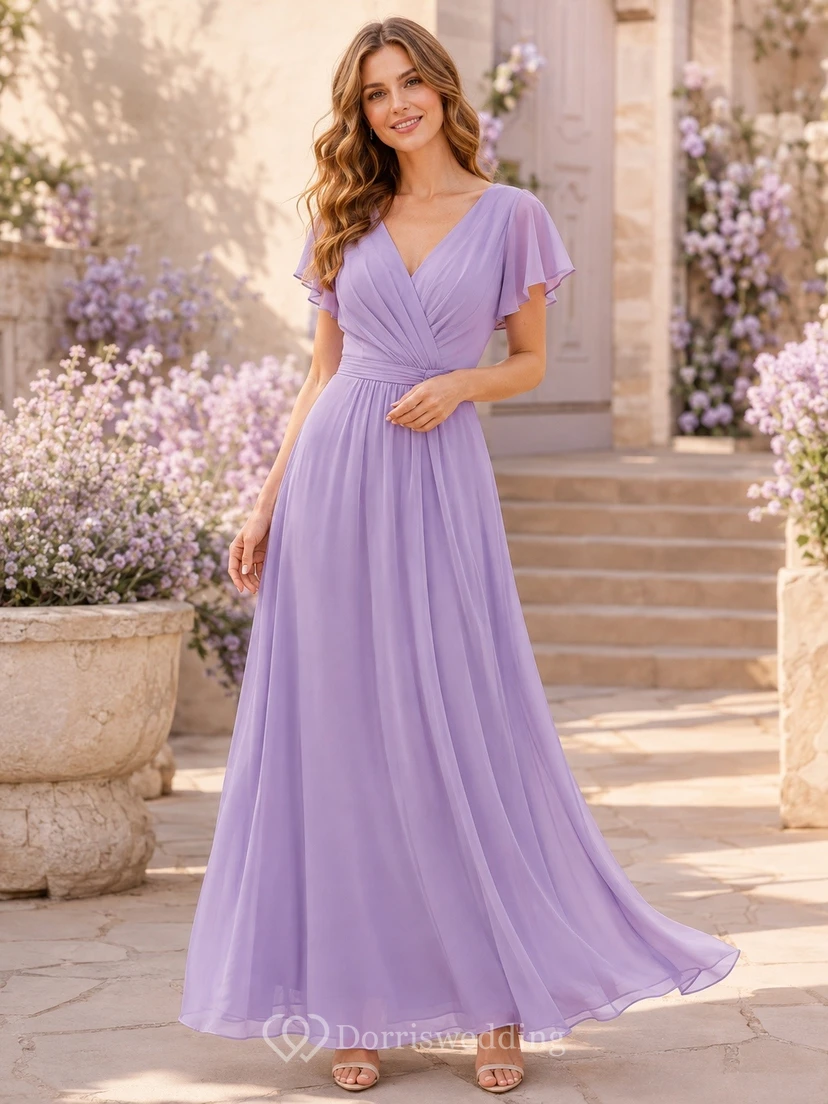 Formal Modest V-neck Flutter Sleeve Chiffon Floor-length Bridesmaid Dress