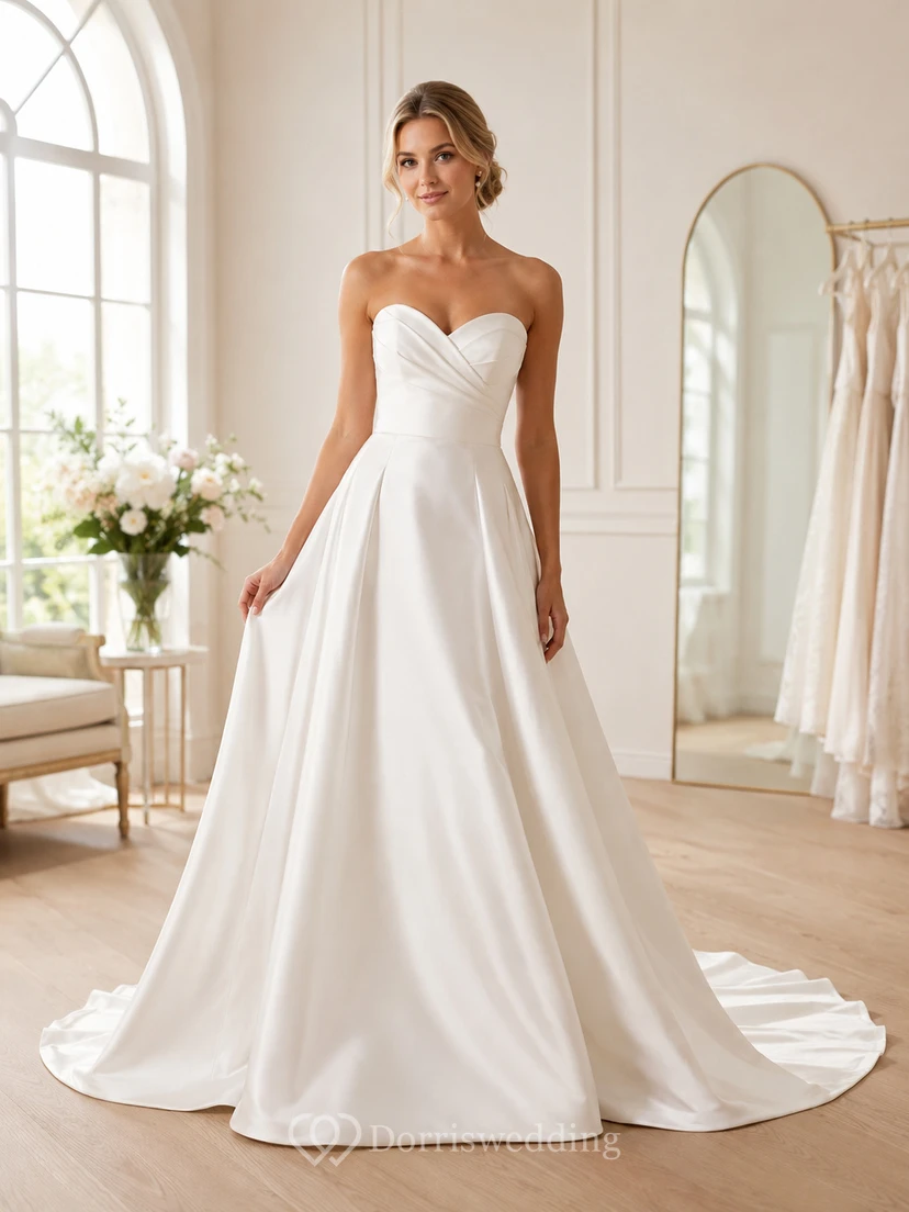 Brautkleid aus Satin, A-Linie, trägerlos, mit Schleppe