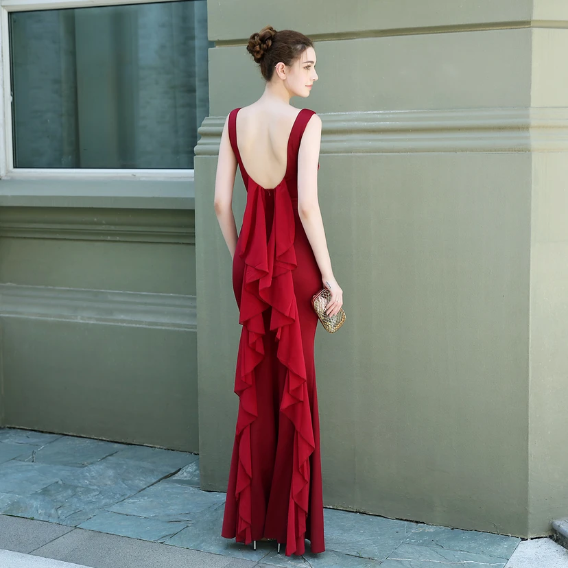 Abendkleid für die Braut, lang, ärmellos, rot, mit schmalem Meerjungfrauenschnitt, geeignet für Dankesbankette, Hochzeitsfeiern, Auto-Modelltreffen und Ausstellungen view 23