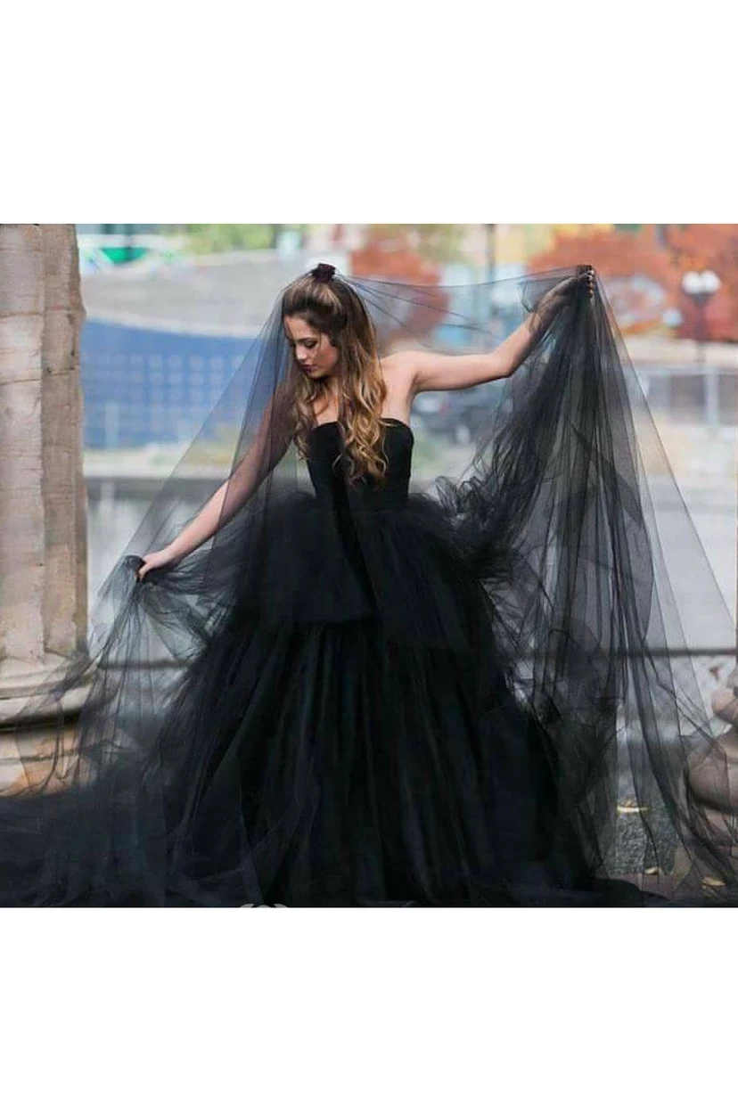 Black Ethereal Puffy Long Wedding Veil view 2