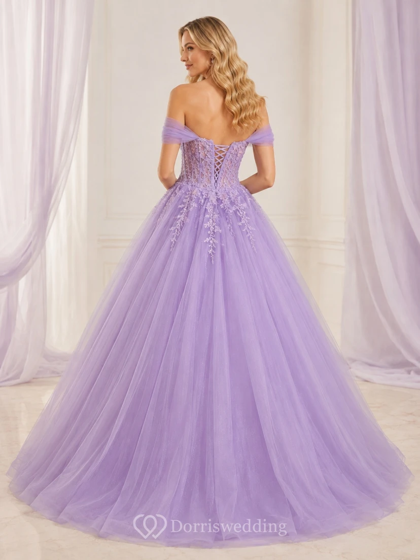 Lavender Prom Appliqued Ball Gown Off-the-shoulder Tulle Short Sleeve Floor-length Romantic Dress view 2