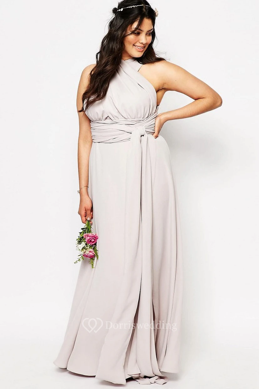 Halter Sleeveless Ruched Chiffon Sage Green Bridesmaid Dress With Split Front