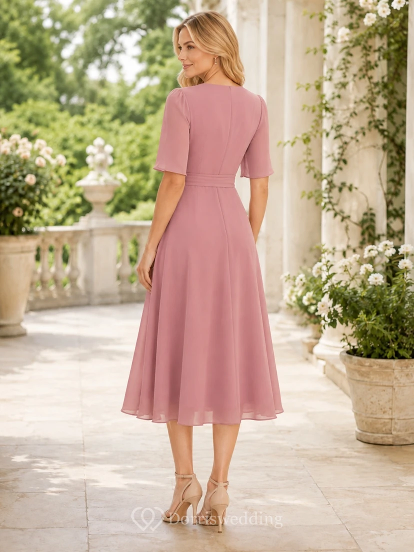 Dusty Rose Chiffon V-neck Short Sleeve Sash Tea-length A-Line Guest Dress view 2