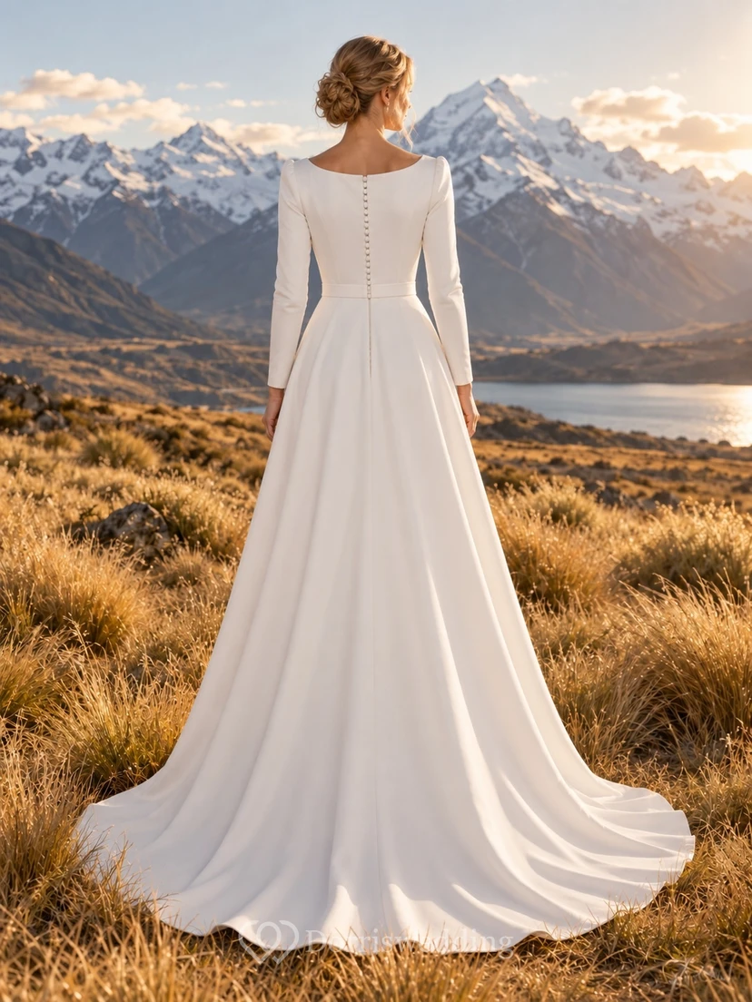 Einfaches Brautkleid mit U-Boot-Ausschnitt, langen Ärmeln, fließender A-Linie und Schleppe view 2