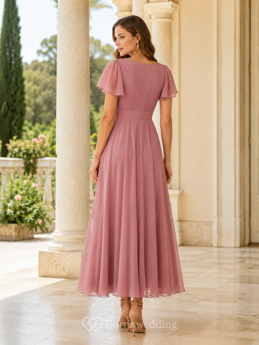 Elegante vestido de invitada para ceremonia en color rosa empolvado, con escote en V, mangas con volantes, corte en A y largo hasta los tobillos. view 2
