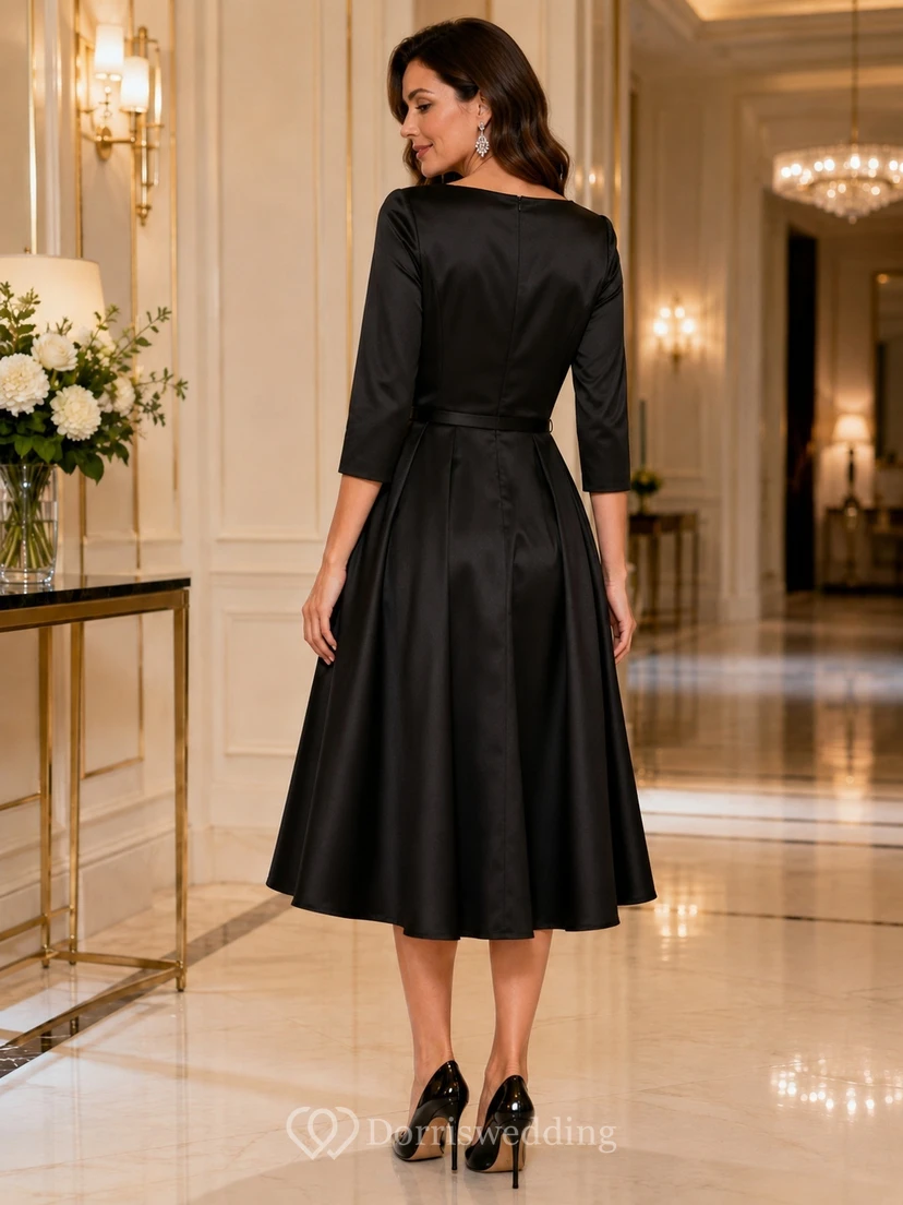 Black Square Neck Three Quarter Sleeve Satin A-Line Tea Length Dress view 2