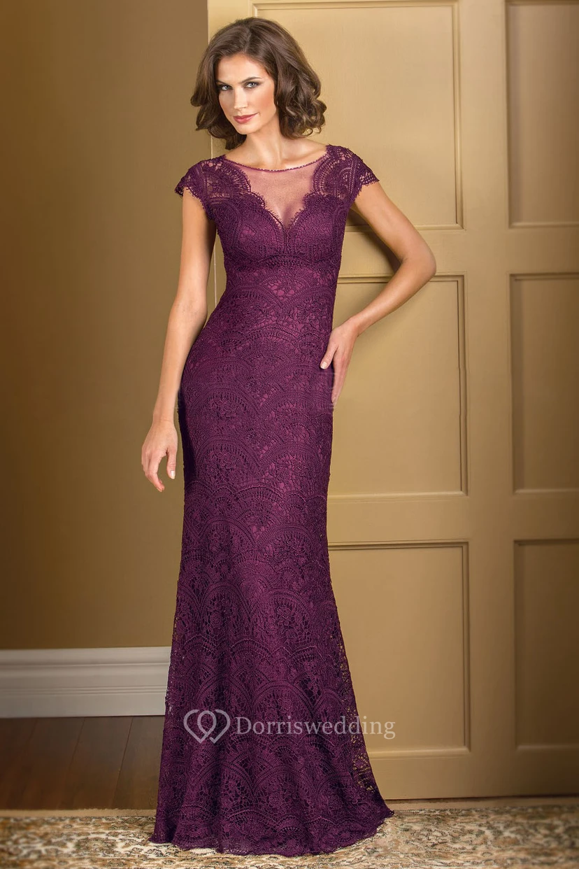 Cap-Sleeved Lace Gown With Illusion Neckline