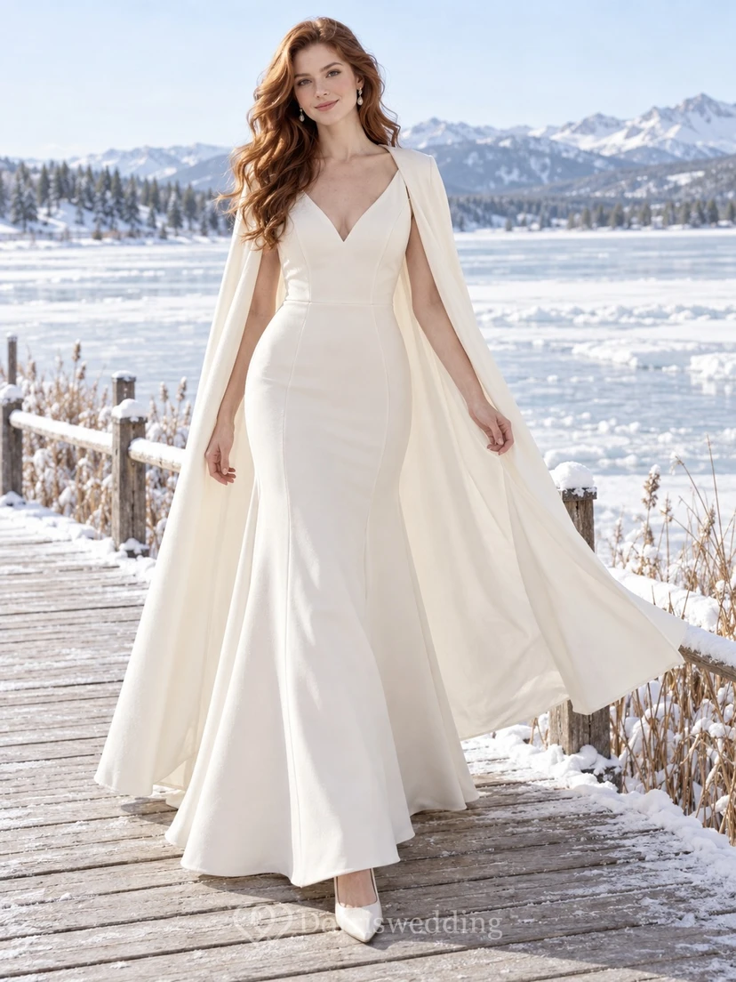 Simple V-neck A-line Winter Wedding Draped Cape Dress