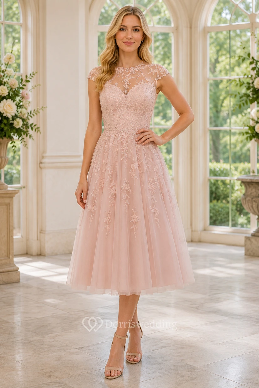 Blushing Pink Illusion Lace Tea Length A-Line Dress with Cap Sleeves