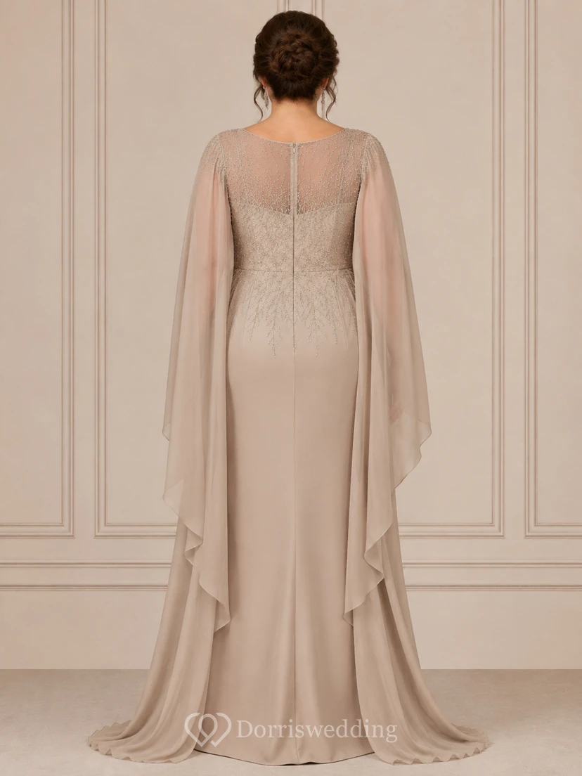 Taupe Illusion Cape Mother Gown Taupe Bateau Jewel Sheath Floor-length view 2