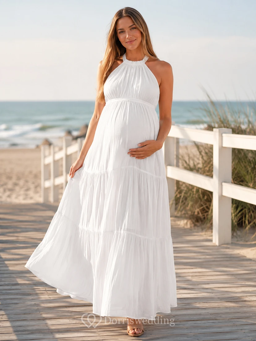 Vestido de maternidad informal de gasa blanco hasta el suelo con escote halter y sin mangas de Barefoot Expectance