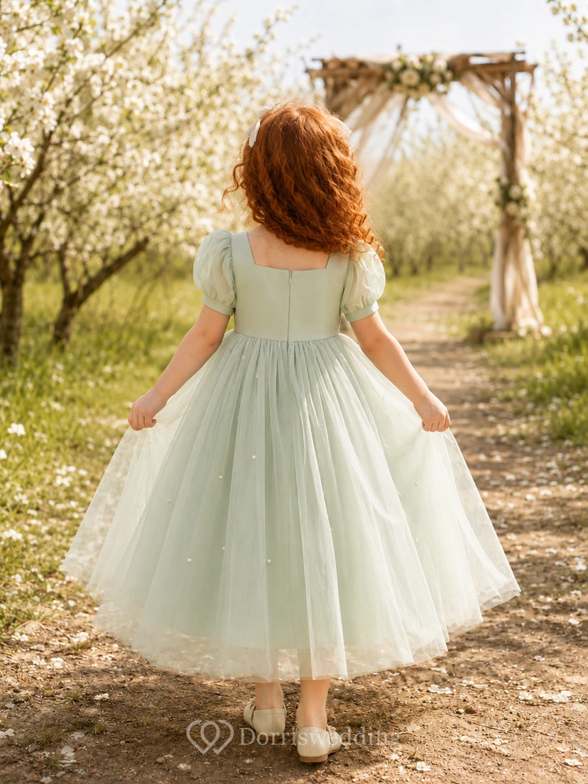 Flower Girl Dress Ivory Lace Tulle A-Line Scoop Neck Tea Length view 2