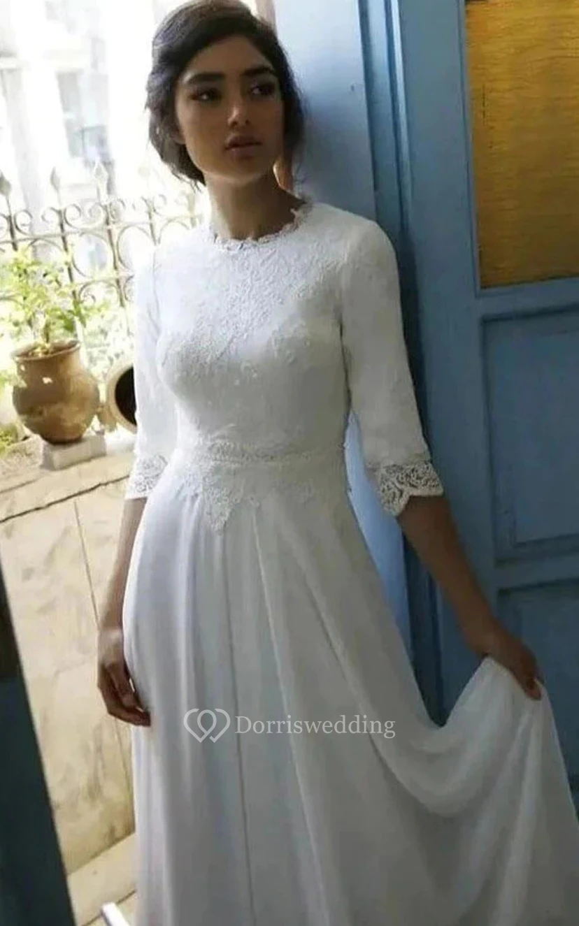 Schlichtes, halbärmeliges Empire-Hochzeitskleid aus Chiffon mit Rundhalsausschnitt und Spitzenoberteil view 3
