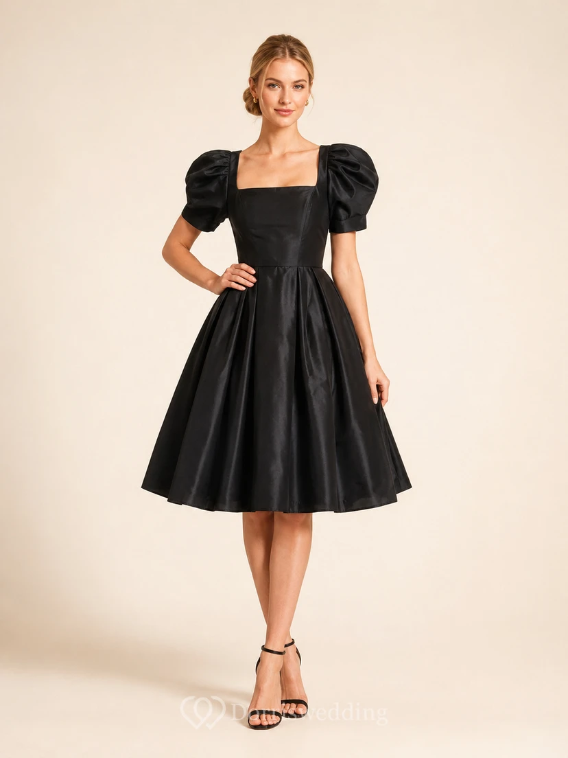Black square neck puff sleeve taffeta A-line party dress