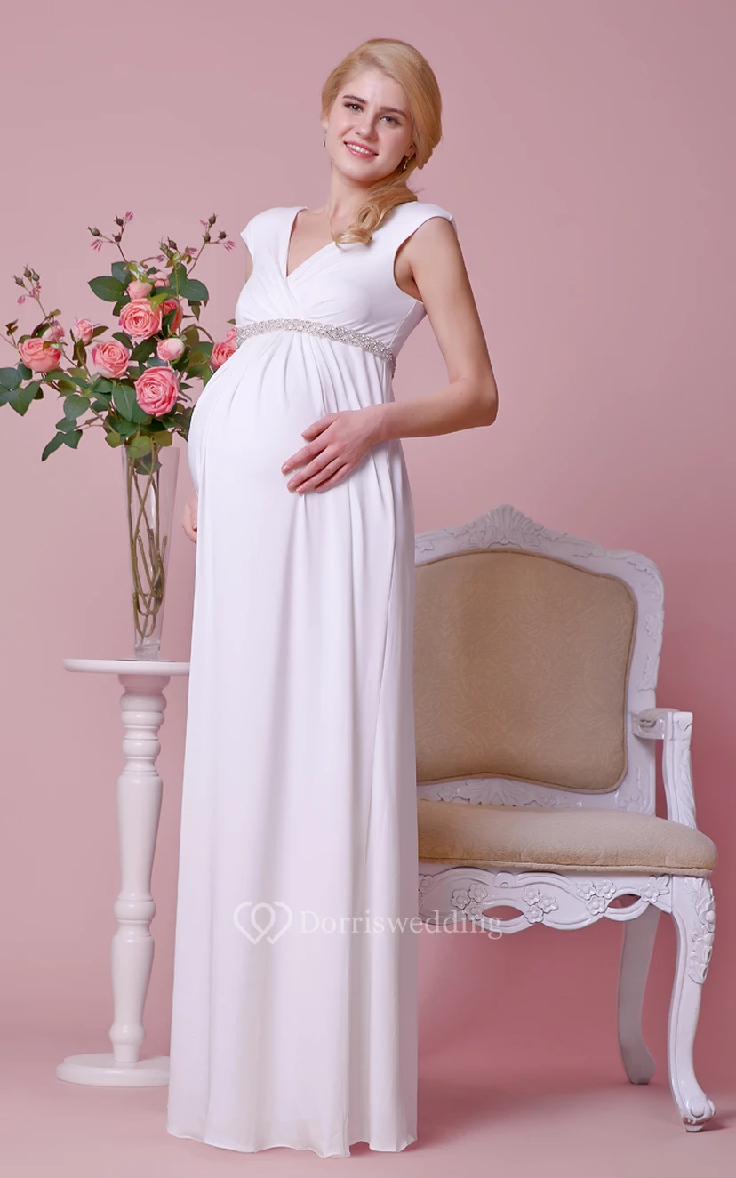 Empire V-neck Short-sleeved A-line Jersey Gown With Shiny Waist view 2