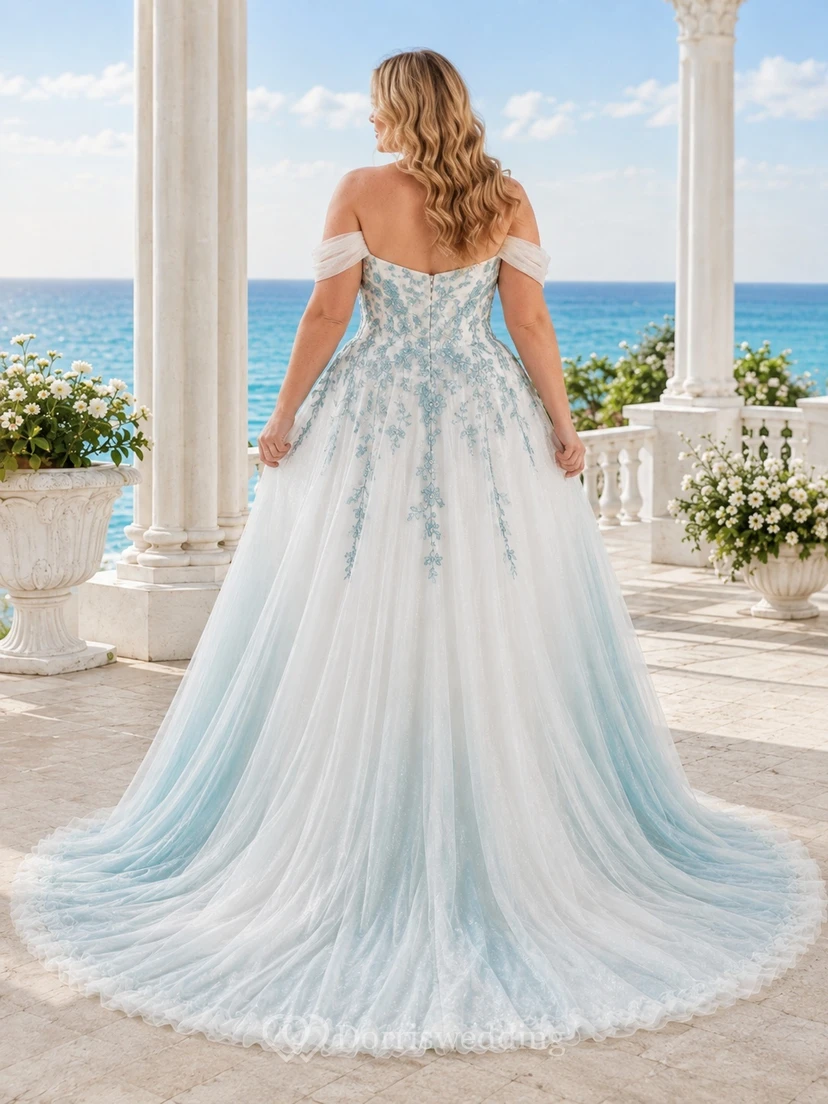 Türkisfarbenes, elegantes Brautkleid in Übergröße, A-Linie, schulterfrei, aus Tüll mit floralem Saum view 2