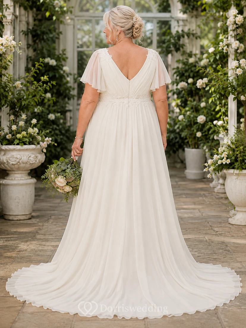 Brautkleid aus Chiffon in A-Linie mit flatternden Ärmeln in Übergröße für ältere Bräute view 2