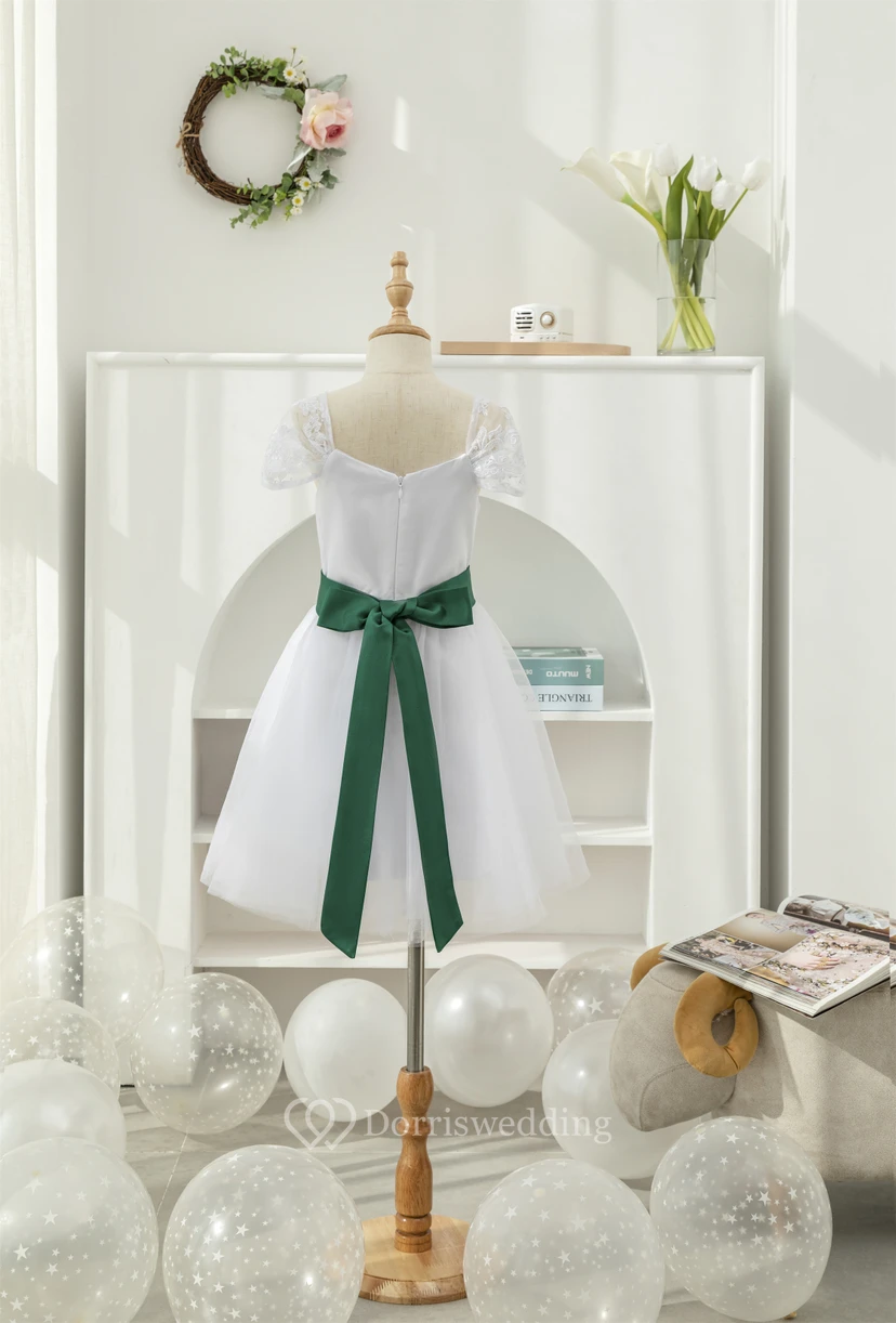 White Short-sleeve A-line Tulle First Communion Flowergirl Dress view 2