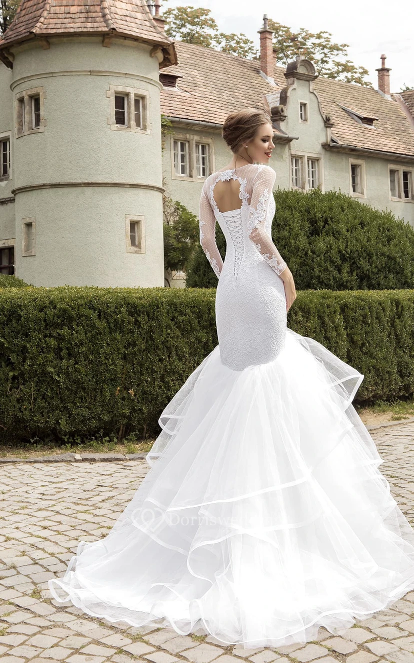 Illusion Long Sleeve Appliques Mermaid Dress  view 3
